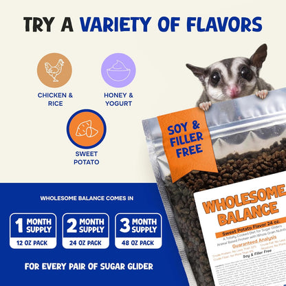 Wholesome Balance Food - Complete Nutrition with High Animal Protein, Calcium, Vitamins & Minerals, Premium Dense Food for Sugar Gliders & Small Animals - Sweet Potato, 1.5 lbs
