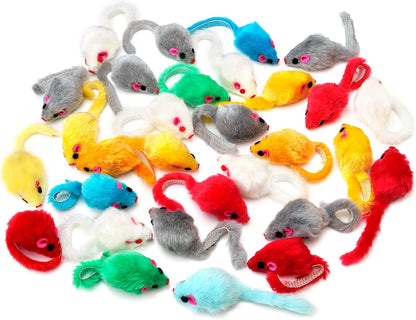 CHIWAVA 36PCS 4.1'' Furry Cat Toy Mice Rattle Small Mouse Kitten Interactive Play Assorted Color