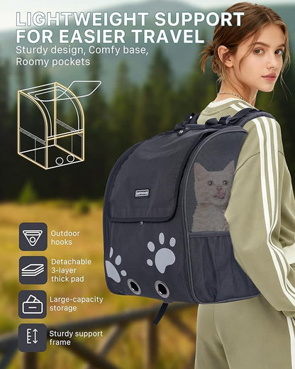 Cat Backpack Carrier with Comfort Handle, Ventilated Cat Backpack with Reflective Strips, Foldable Cat Carrying Backpack for Cats up to 17 lbs and Small Dogs up to 13 lbs(Black).
