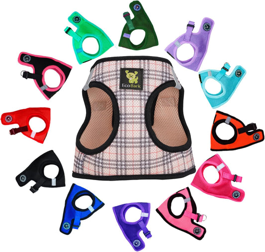 EcoBark Step in Dog Harness - Eco-Friendly Teacup Dog Harnesses for XXS, XS, and Small Dogs - Reflective and Adjustable Mini Body Halter Vest -Tiny Soft Mesh Toy Breed Harness (Beige Plaid, XXS)