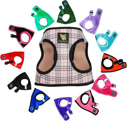 EcoBark Step in Dog Harness - Eco-Friendly Small Breed Dog Harnesses for Small and Medium Breed Dogs - Reflective and Adjustable Body Halter Vest - Soft Mesh Toy Breed Harness (Beige Plaid, Large)
