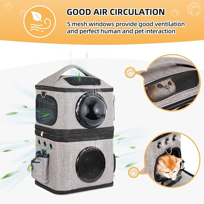 Detachable Double Cat Backpack Carrier for 2 Cats | Transparent & Foldable Dog Carrier Backpack for Cats and Small Dogs Up to 32 Lbs | Large Space & Breathable Cat Travel Carrier for Traveling, Grey