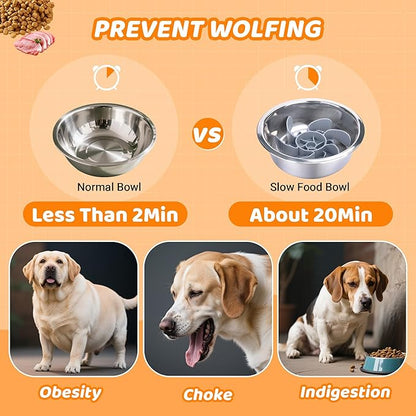 Elevated Dog Bowls Slow Feeder, 3 Adjustable Stand Heights and Width, Non-Slip Foot Mats, Tilting Raised Dog Bowls for Small, Medium and Large Dogs Breed (1 Pack), Black