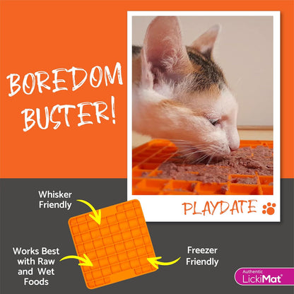 LickiMat Classic Playdate, Cat Slow Feeder Lick Mat, Boredom Anxiety Reducer; Perfect for Food, Treats, Yogurt, or Peanut Butter. Fun Alternative to a Slow Feed Cat Bowl or Dish, Orange