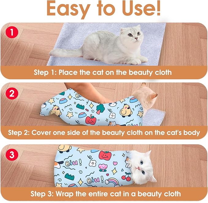 Cat Grooming Wrap for Cutting Nails, 27.5 * 27.5in Self-Adherent Cat Scratching Blanket for Nail Clipping Ear Cleaning Teeth Brushing Cats Anti-Scratch/Escape Swaddle Restraint Bag (Blue)