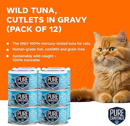 Pure Cravings Wet Cat Food Canned Tuna Cutlets in Gravy, 100% Mercury-Tested, Moist Can Fish for Cats, Grain-Free, Protein, Non-GMO, Pack of 12