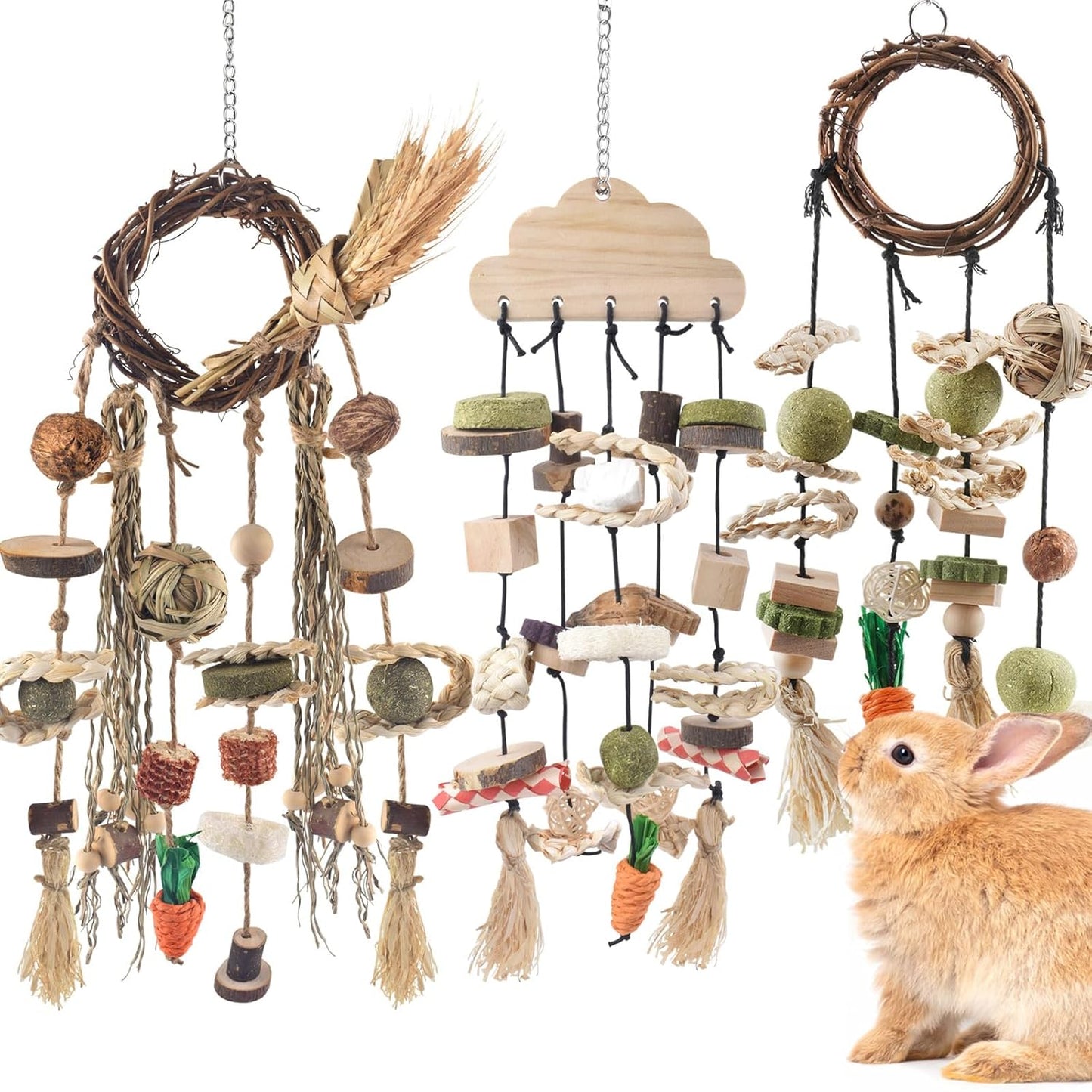 Bissap 3 PCS Rabbit Chew Toy, Bunny Cage Hanging Chew Toys Treats Rattan Ring with Snacks Water Grass Wooden Block Carrot for Guinea Pigs Chinchillas Hamsters Rats and Other Small Pets Teeth Grinding
