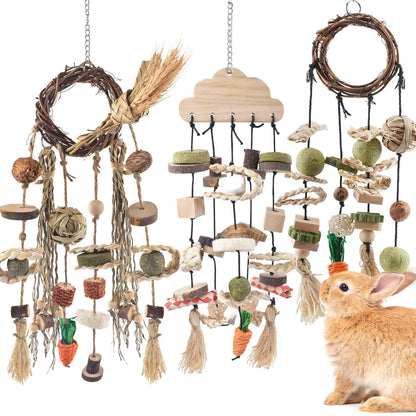 Bissap 3 PCS Rabbit Chew Toy, Bunny Cage Hanging Chew Toys Treats Rattan Ring with Snacks Water Grass Wooden Block Carrot for Guinea Pigs Chinchillas Hamsters Rats and Other Small Pets Teeth Grinding
