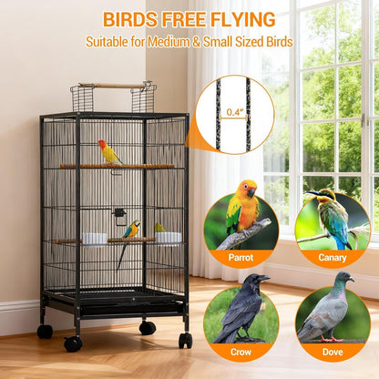 GarveeHome Small Bird Cage with Wheels, 40 Inch Parakeet Cage with Top Stand, Portable Bird Carrier for Parakeets, Canaries, Lovebirds, Small Quaker, Cockatiels, Budgie, Green Cheek