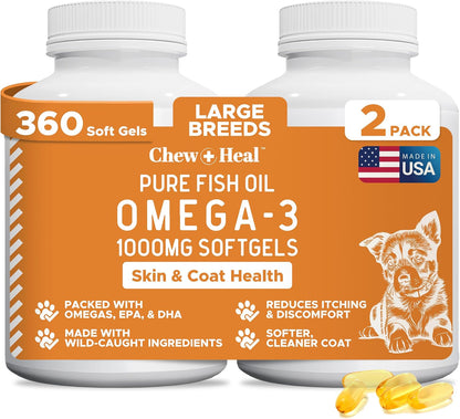 Wild Caught Omega 3 Fish Oil for Dogs -360 Softgel Capsules for Healthy Skin and Coat -Large 1000mg Dog Fish Oil Pills for Shedding, Dry Itching Skin -Pet Omega Salmon Supplement (2 Packs of 180)