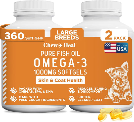 Wild Caught Omega 3 Fish Oil for Dogs -360 Softgel Capsules for Healthy Skin and Coat -Large 1000mg Dog Fish Oil Pills for Shedding, Dry Itching Skin -Pet Omega Salmon Supplement (2 Packs of 180)