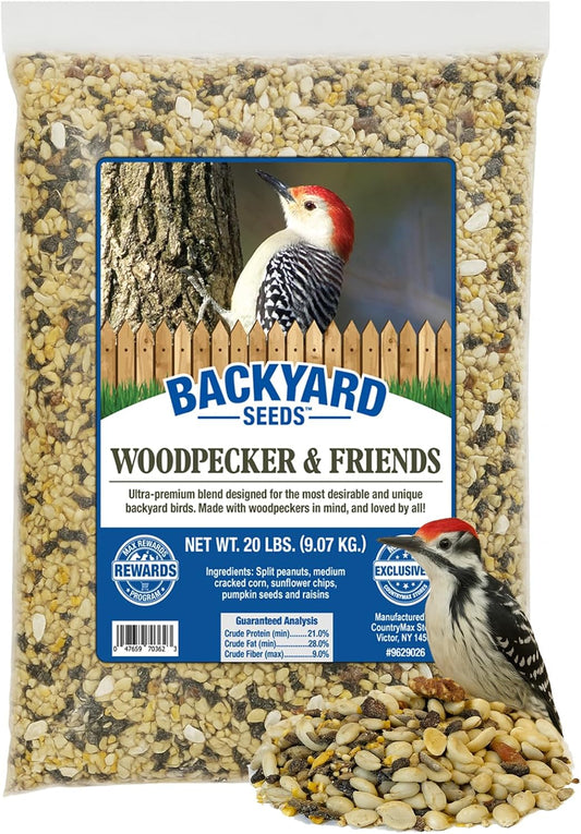 CountryMax Backyard Seeds Woodpecker No Waste Mix Shelled Peanuts Mixed Bird Seed with Sunflower Chips, Pumpkins, Raisins (20 Pounds)