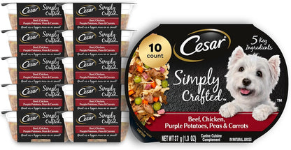 Cesar Simply Crafted Adult Wet Dog Food Meal Topper, Beef, Chicken, Purple Potatoes, Peas & Carrots, 1.3oz. (10 Count, Pack of 1)