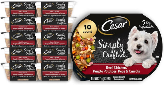 Cesar Simply Crafted Adult Wet Dog Food Meal Topper, Beef, Chicken, Purple Potatoes, Peas & Carrots, 1.3oz. (10 Count, Pack of 1)