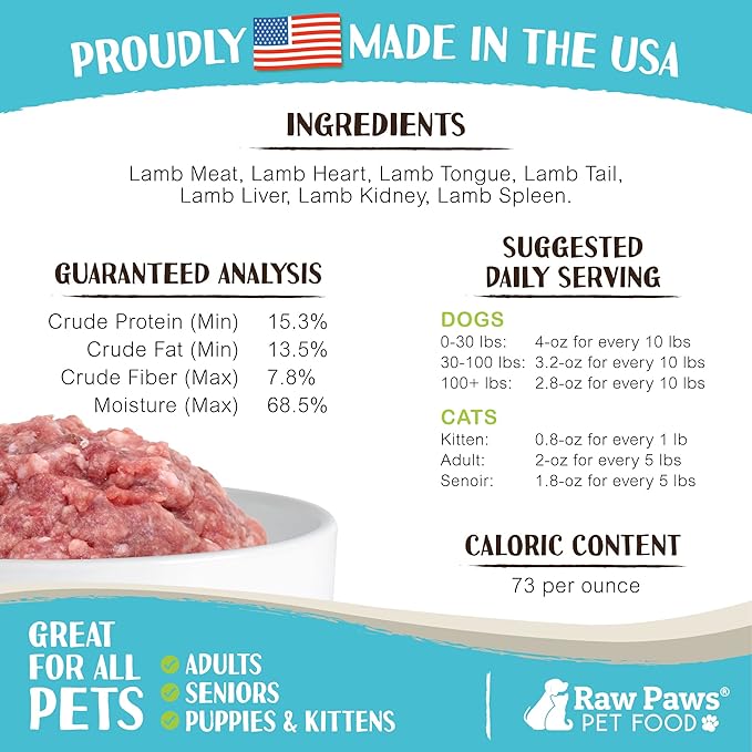 Raw Paws Signature Blend Pet Food for Dogs & Cats - Lamb Recipe, 1-lb Rolls (20 Pack) - Fresh Raw Food Made in USA - Natural Dog Food Roll - Frozen Raw Lamb Dog Food Log Diet