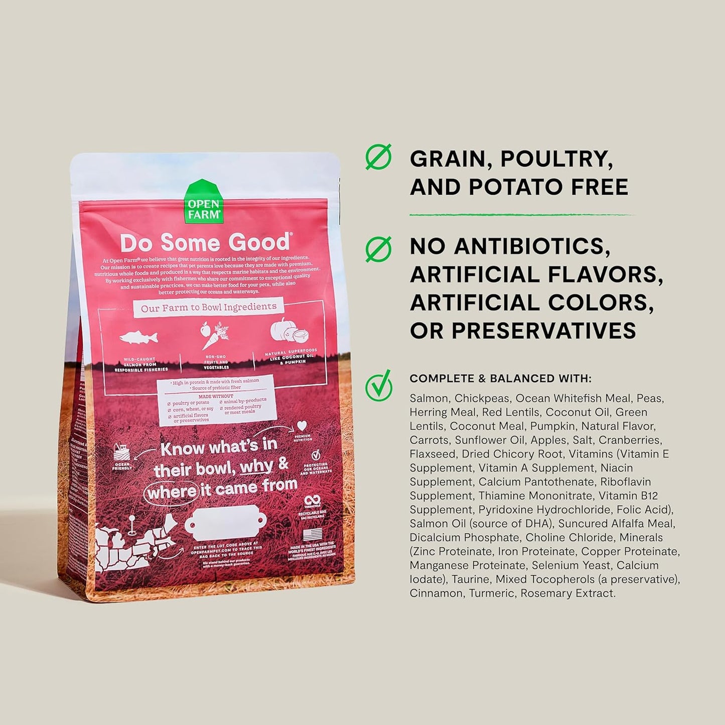 Open Farm, Grain-Free Dry Dog Food, Complete & Balanced Kibble, Sustainably & Ethically Sourced Ingredients, Non-GMO Veggies & Superfoods to Support Overall Health, Wild-Caught Salmon Recipe, 4lb Bag