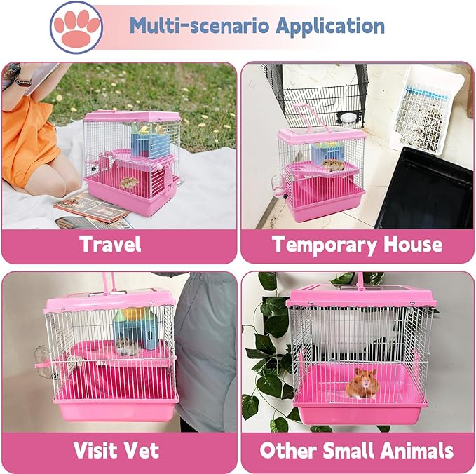 Tfwadmx Hamster Carrier, Dwarf Hamster Travel Cage, Portable Cages with Water Bottle, Gerbil Travel Carry Case Outdoor Vacation House for Small Mice(Pink,10.6”x8”x11.4”)