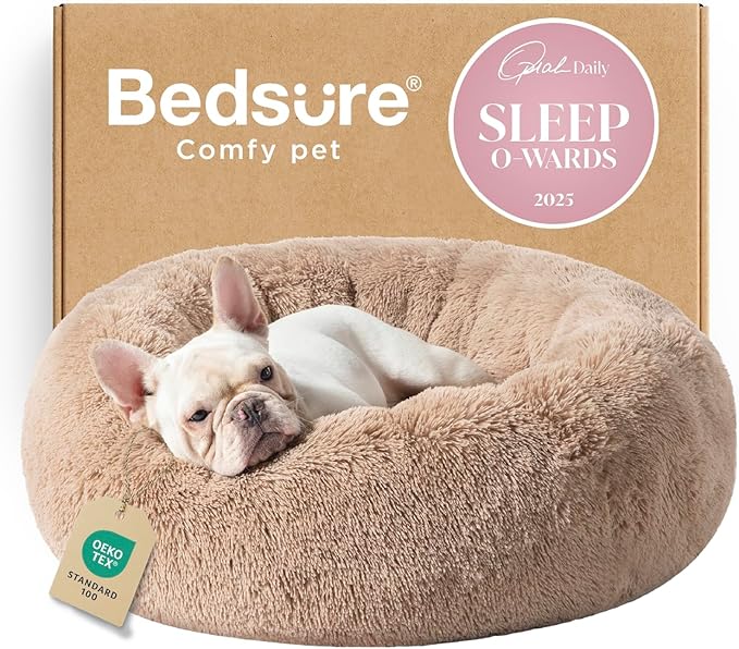 Bedsure Calming Dog Bed Medium Size Dog - Donut Washable Medium Pet Bed, 30 inches Anti-Slip Round Fluffy Plush Faux Fur Cat Bed, Fits up to 45 lbs Pets, Camel