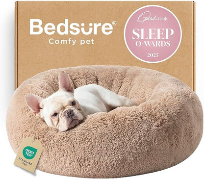 Bedsure Calming Dog Bed Medium Size Dog - Donut Washable Medium Pet Bed, 30 inches Anti-Slip Round Fluffy Plush Faux Fur Cat Bed, Fits up to 45 lbs Pets, Camel
