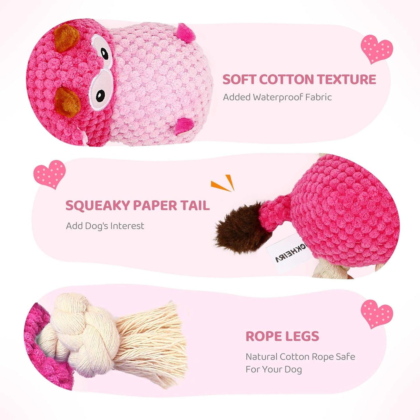 IOKHEIRA Indestructible Dog Squeaky Toys for Large Aggressive Chewers, Stuffed Animals with Cotton Material and Crinkle Paper, Durable Chewing Toys