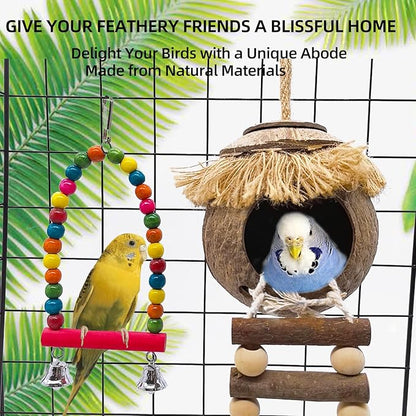 Hamiledyi Coconut Bird Nest Hut with Ladder Hanging Birds Hide House for Parrots Parakeet Conures Cockatiel