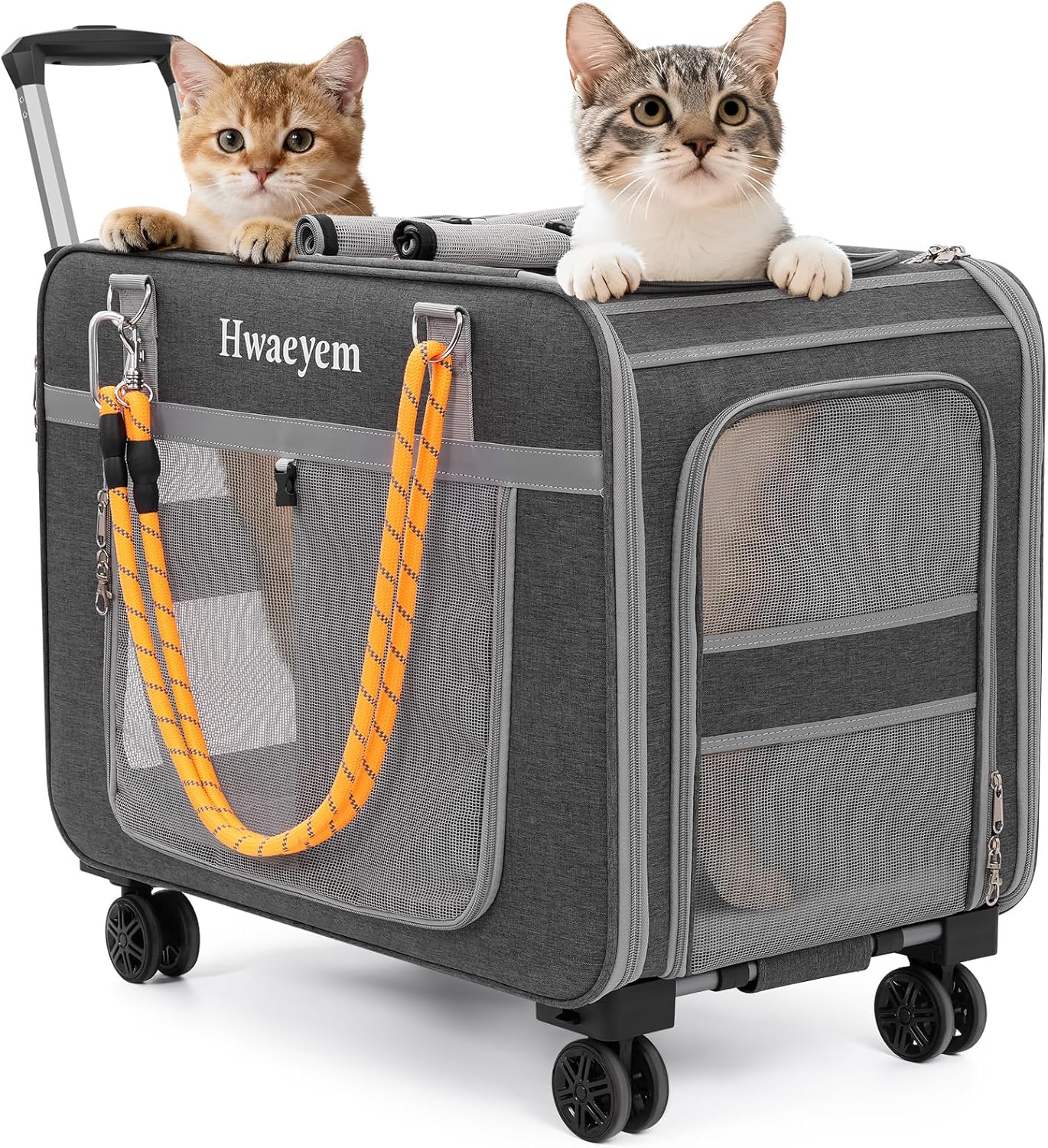 Extra Large Cat Carrier for 2 Cats with Wheels, 24" X 15" X 17" Dual-Compartment Cat Car Travel Carrier, Breathable Rolling Dog Carriers for Small Dogs with Zipper Locks, Light Gray