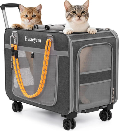 Extra Large Cat Carrier for 2 Cats with Wheels, 24" X 15" X 17" Dual-Compartment Cat Car Travel Carrier, Breathable Rolling Dog Carriers for Small Dogs with Zipper Locks, Light Gray