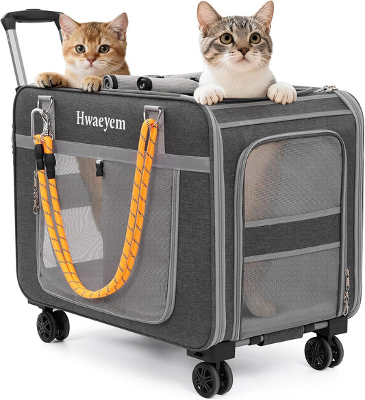Extra Large Cat Carrier for 2 Cats with Wheels, 24" X 15" X 17" Dual-Compartment Cat Car Travel Carrier, Breathable Rolling Dog Carriers for Small Dogs with Zipper Locks, Light Gray