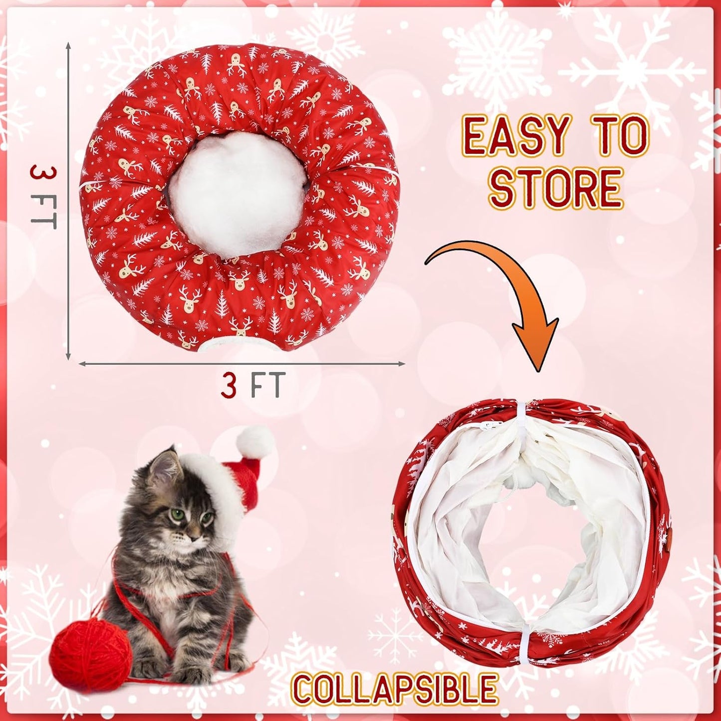 Christmas Cat Tunnel Bed for Indoor Cats Under Christmas Tree Skirt Tube with Hanging Ball Plush Cat Cave, Washable Holiday Pet Gift Toy & Gift for Kittens(Elk)