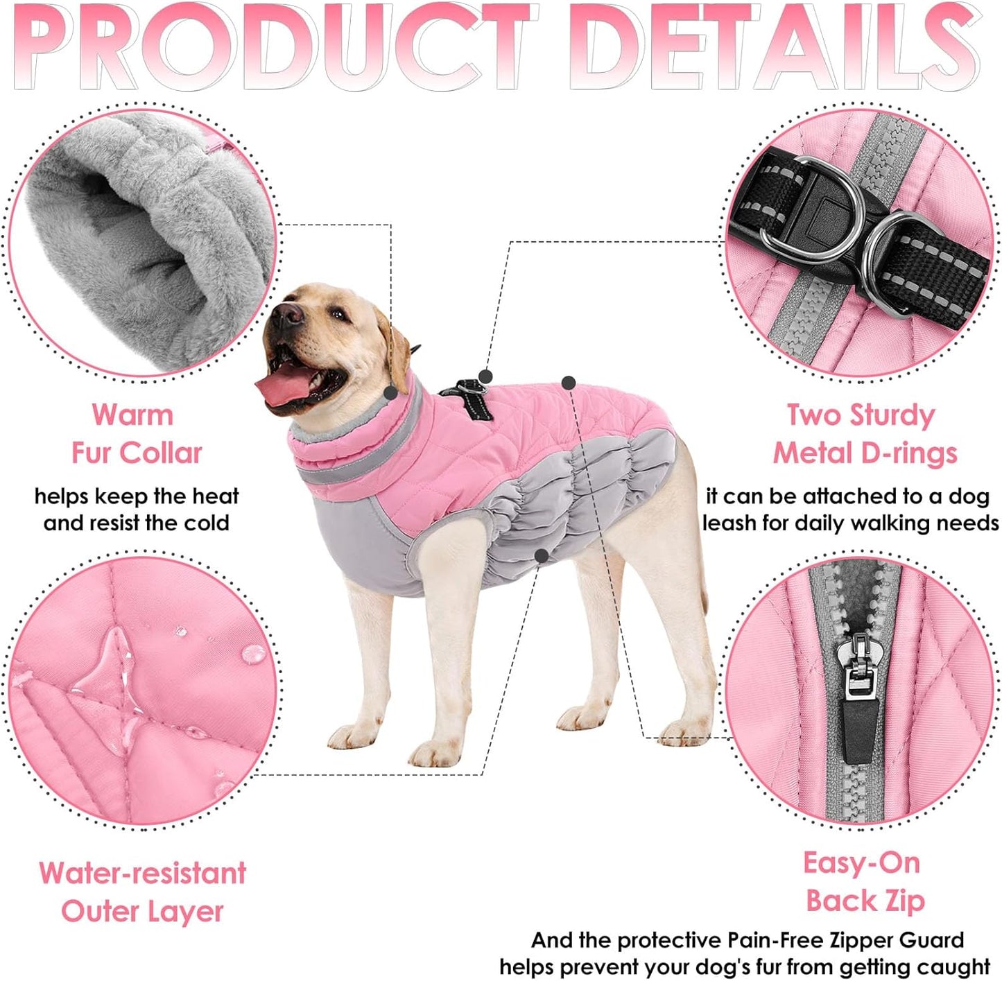 AOFITEE Dog Coat, Warm Dog Winter Coat, Reflective Turtleneck Large Dogs Jacket with Harness Built in, Turtleneck Pet Winter Jacket, Waterproof Pet Snow Jackets Fleece Vest, Pink XL