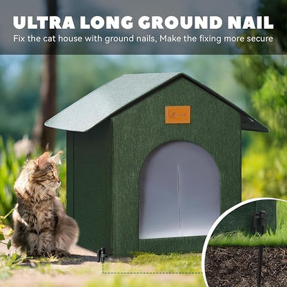 Outdoor Cat House Feral Cat Shelter,Outside Waterproof Cat House for Outdoor/Indoor Cats, Insulated Cat Bed for All Seasons with Cozy Cushion Easy to Assemble (Olive Green, floor spike style)