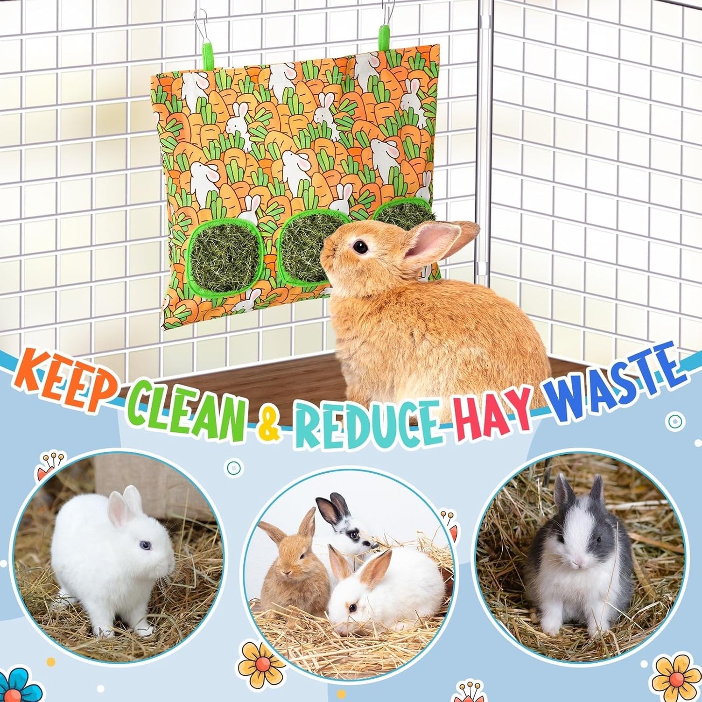 UPINS 2 Hay Bag for Rabbits 3-Hole Hanging Hay Feeder Guinea Pig Hay Bags, Hay Feeder for Rabbits Chinchillas Hamsters Small Pets and Animals