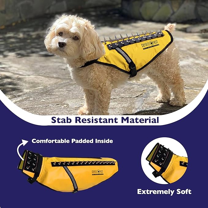 CoyoteVest Dog Harness Protection Vest, Reflective Dog Accessories with Spikes to Shield Your Pet from Raptor and Animal Attacks, Proudly Made in America (XX-Small, Yellow)