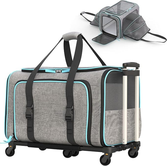 Katziela Rolling Rover Airline Compliant Expandable Premium Pet Carrier 6-Wheeled Baseboard Telescopic Handle Two-Sided Expandable Rolling Carrier Designed (Gray- Blue Piping)