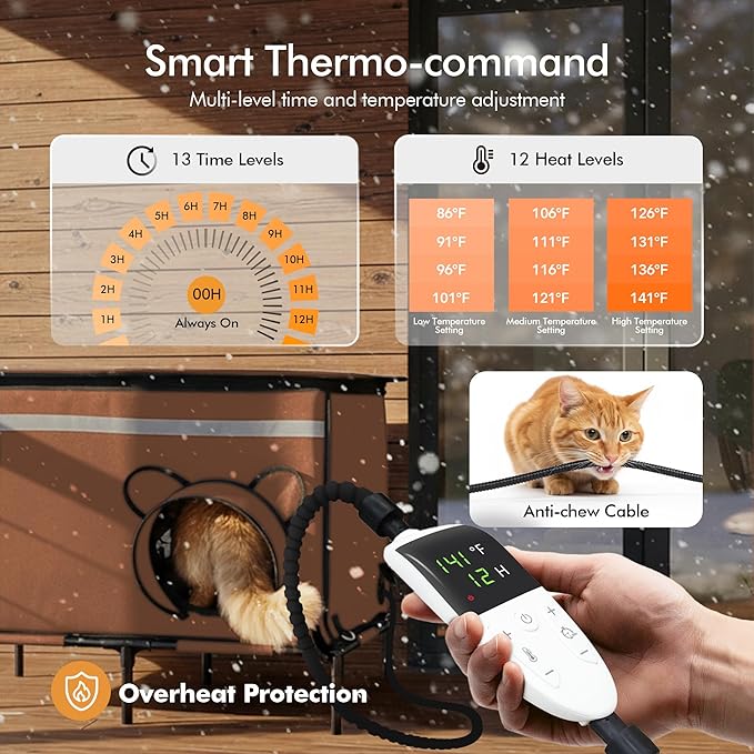 Heated Outdoor cat House for Outside, Weatherproof Insulated Feral Cat Shelter with Timer-Temp Control Heating Pad in Winter, Large Elevated Outdoor Cat House with Zipper, 2 Doors, Safety- Brown