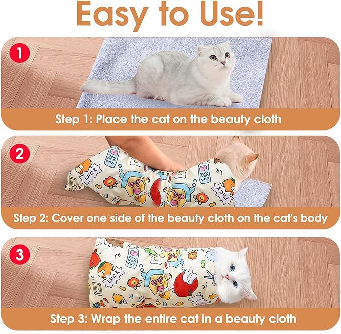 Cat Grooming Wrap for Cutting Nails, 27.5 * 27.5in Self-Adherent Cat Scratching Blanket for Nail Clipping Ear Cleaning Teeth Brushing Cats Anti-Scratch/Escape Swaddle Restraint Bag (Yellow)