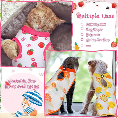 Nuanchu 3 Pieces Cat Recovery Suit Kitten Recovery Suit E-Collar Alternative for Cats and Dogs Abdominal Skin Anti Licking Pajama Clothes Sets(Small,Fruit Style,Colorful)