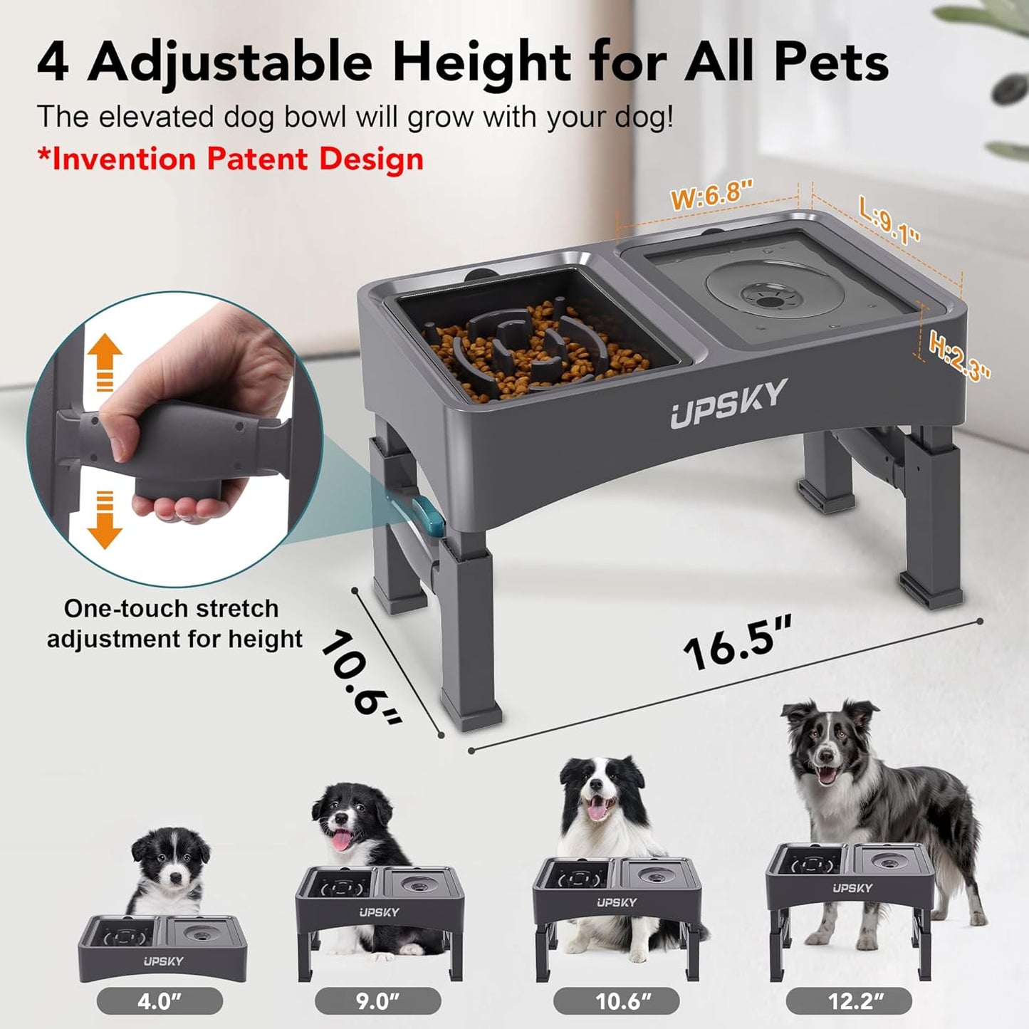 UPSKY 2-in-1 Elevated Dog Bowls Slow Feeder, 4 Height Adjustable Raised Bowl Stand, No Spill Dog Water Bowls, Anti-Slip Food and Water Bowls for Small Medium Dogs(Not Include Stainless Steel Bowl)