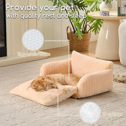 Hollypet Cat Bed Fluffy Plush Mutifuctional Double-Layer Soft Pet Couch Orthopedic Sofa Nest Beds for Small Cats and Dogs, Pink Stripes (21x15x8 inch)