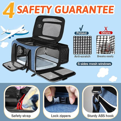 Petskd Top and Side Expandable Pet Carrier 17x12x8.5 Inches JetBlue Frontier Spirit Airline Approved, Soft-Sided Carrier for Small Cats and Dogs with Locking Safety Zippers and Anti-Scratch Mesh(Blue)