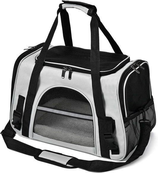 Dog Cat Carrier Soft for Small Pet Up to 16 Lbs TSA Airline Approved Travel Carrier Collapsible Puppy Car Mesh Bag 17.5 * 10.2 * 11.4 inch - Grey & Black