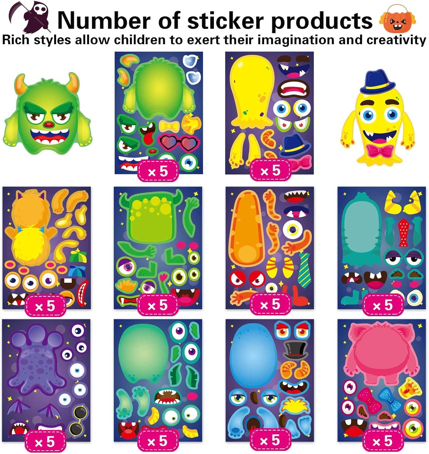 50 Sheets Make a Monster Face Stickers for Kids Make Your Own Little Monster Sticker Sheets Halloween Party Favor Stickers Birthday School Classroom Reward Gift
