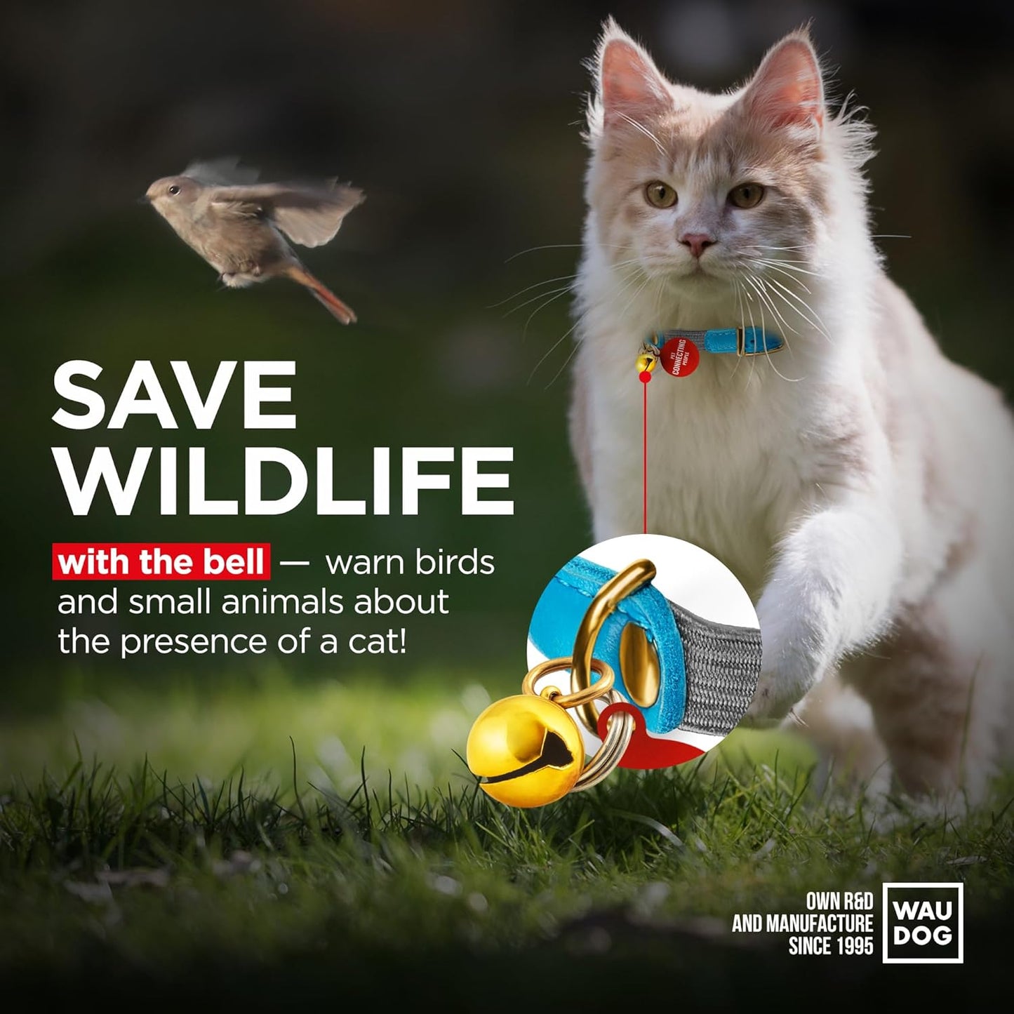 WAUDOG Ultra Soft Rolled Leather Cat Collar with Removable Bell, Safety Elastic Strap and QR ID Tag - Soft Padded for Small, Medium, and Large Cats - Round Kitten Collar for Male and Female Cats