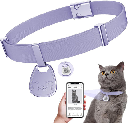 Cat Collar with QR Code Name Tag, Breakaway Kitten Collar for Boy & Girl Cats, Ultra Soft Elastic Adjustable Band, Safety Break Away Buckle, Comfortable & Secure Pet ID Collar (6"-12"), Purple