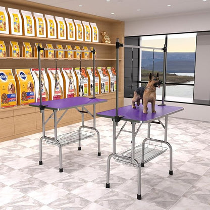 42" Dog Grooming Table Foldable Pet Grooming Tables with Adjustable Arm Noose Storage Mesh Tray Maximum Capacity Up to 330lbs Purple