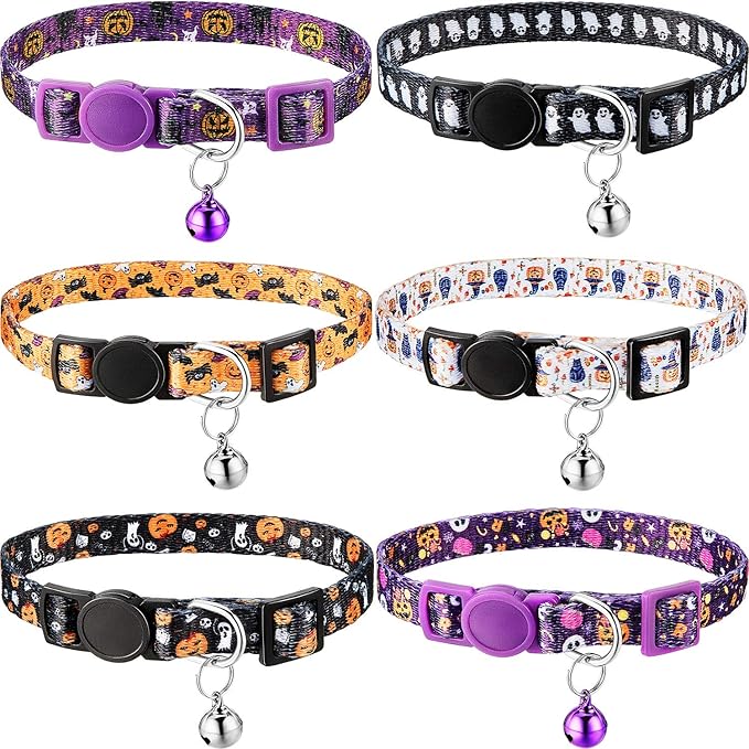 Weewooday 6 Pcs Halloween Cat Collar, Breakaway Cat Collars with Bell, Safety Buckle Soft Adjustable Halloween Pet Collar with Pumpkin Ghost Patterns for Kitten Kitty Pet Supplies Christmas Party