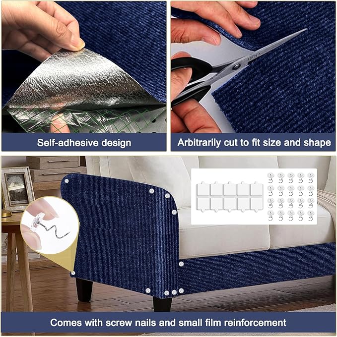 Cat Scratching Mat, 118.5"x15.9" Trimmable Self-Adhesive Cat Scratch Carpet, Couch Protector from Cats Claws, Furniture Corner Protectors for Cats, Indoor Furniture Protection for Chair (Dark Blue)