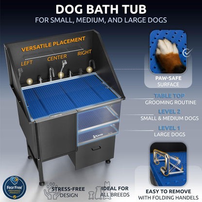 KANIS Black Line Professional Dog Washing Station - 304 Stainless Steel Pet Wash Sink & Grooming Bathtub w/Shower, Floor Grates and Storage for Large, Medium & Small Pets (40", 1 Drawer - Left Ramp)