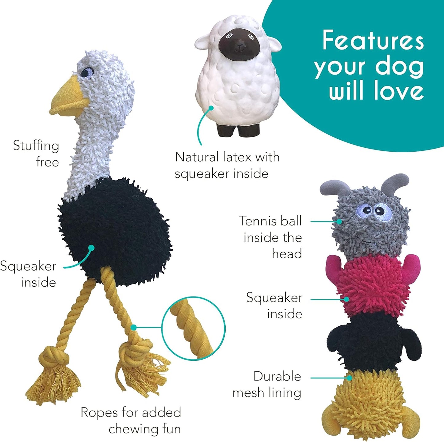 rocket & rex Dog Chew Toy Set for Small to Medium Breeds, Includes a Rope Toy, Rubber Squeaker and Plush Toys with Ball, Reduces Destructive Chewing & Anxiety (Pack of 3)