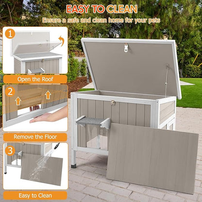 PetsCosset Insulated Cat House Outdoor Weatherproof Feral Cat Shelter for Winter, All-Round Foam Insulation Wooden Pet House for Outdoor Cat with Raised Base, Openable Roof (30.7"L x 21.7"W x 25.6"H)